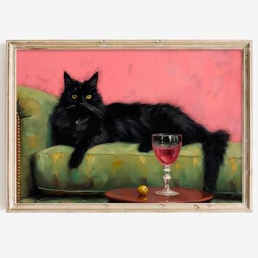 Imagem de Pôster de gato com vinho, arte de parede em tela de animal engraçado, pintura de gato preto, carrinho de bar, vintage, arte de parede, animal, arte engraçada, rosa, vintage, coquetel, imagens fofas