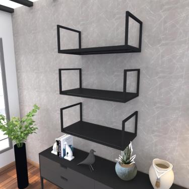 Imagem de Prateleira Industrial Suspensa Estante Parede Nicho Preto Ferro E Madeira Suporte Pratileira