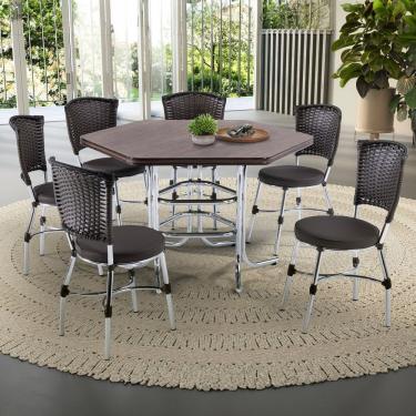 Imagem de Conjunto Sala De Jantar Mesa Sextavada Com 6 Cadeiras Brastubo Cromado Amadeirado Escuro Café News