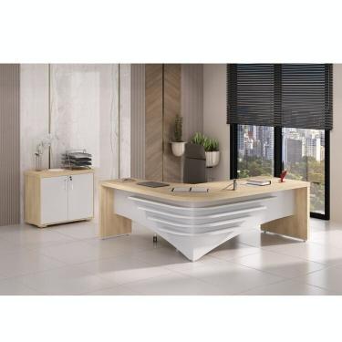 Imagem de Kit 2 Peças Com Mesa Diretor Para Escritório E Balcão Multiuso 2 Portas Carvalho-branco