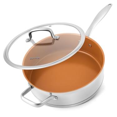 Imagem de duxtop pro Frigideira de cerâmica com tampa, frigideira antiaderente de 5,5 litros sem PFAS, PTFE ou PFOA, frigideira funda com base de aço inoxidável para todos os cooktops, forno e lava-louças