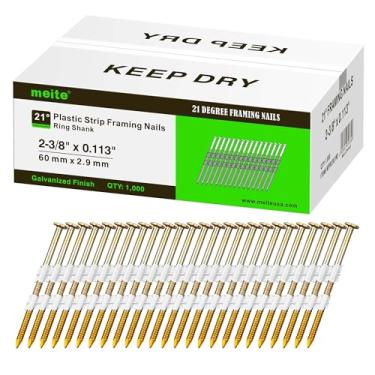 Imagem de meite Pregos de moldura de 21 graus, haste de anel de 6 cm, acabamento galvanizado de cabeça redonda completa (1.000 unidades) para pistolas de pregos de plástico de 20 a 22 graus