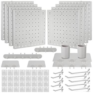 Imagem de 58 peças de kits de organizador de pegboard painel de parede de plástico com placa de pegboard e acessórios incluem placas de armazenamento, baldes e ganchos para sala de artesanato, garagem e cozinha, escritório (cinza)