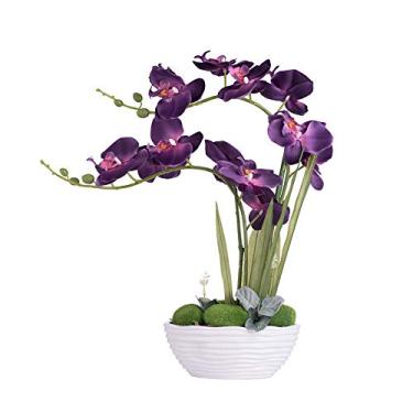 Imagem de YSZL Grande planta de orquídea artificial em vaso, arranjo de flores de seda com vaso de cerâmica, roxo escuro