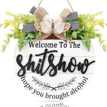 Imagem de CHDITB Grinalda de porta de madeira Welcome to The Shitshow 3D (30,48 cm x 30,5 cm), engraçado Shitshow de boas-vindas para pendurar na parede com laço de fita de folhas de eucalipto, placa de guirlanda de boas-vindas para festa de entrada de entrada e varanda