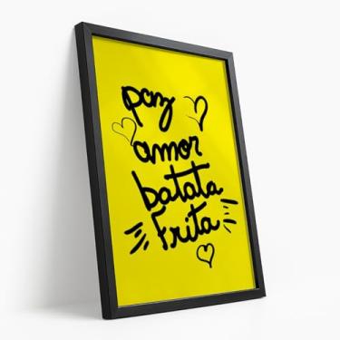 Imagem de Quadro Decorativo Paz Amor Batata Frita Estampa Amarela Criativa Frase Divertida Jovem Moderna Descontraída Com Moldura