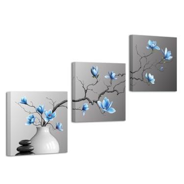 Imagem de Artsbay Arte de parede de magnólia azul impressões em tela floral fundo cinza conjunto de imagens com pedras zen decoração de casa para banheiro quarto sala de estar escritório 30 cm L x 30 cm A x 3