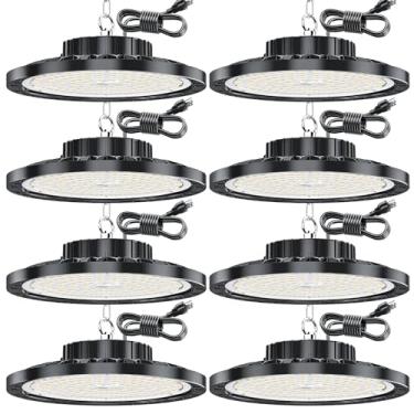 Imagem de CHENGCHILIT Pacote com 8 lâmpadas LED de alta baía, 100 W 15000 LM com plugue dos EUA 2 m 7000 K luz de loja de LED extremamente brilhante com temperatura de cor, luzes de iluminação à prova d'água