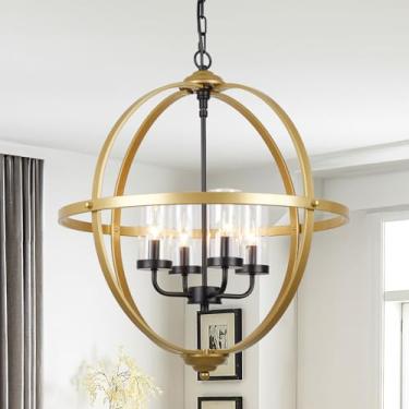Imagem de Treekee Lustre de iluminação suspensa para casa de fazenda, lustre de globo de 4 luzes, luminária pendente moderna ajustável para hall de entrada de jantar, acabamento preto e dourado