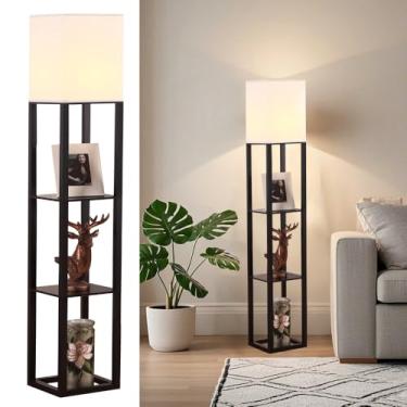 Imagem de HomeFocus - Luminária de chão com prateleiras, luminária de chão de prateleira com lâmpada de LED, lâmpada de exibição de canto de estante para sala de estar, quarto e escritório, sombra de linho