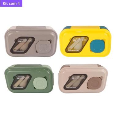 Imagem de Kit com 4 Potes Hermético Lunch Box 3 Divisórias Talher e Tampa Vedada