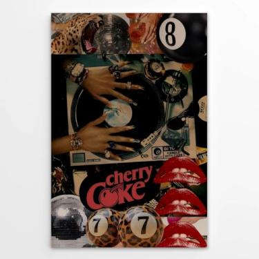 Imagem de Black Woman Wall Art Retro DJ Collage Poster Funky Vintage Music Wall Decor Cherry Lucky 8 Ball Leopard Poster Pop Estético Gravador de discos Impressão em tela para quarto dormitório 40 x 61 cm sem