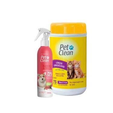 Imagem de Kit Banho Seco Maciez + Lenço Umedecido Pet Gato Cachorro - Pet Clean,