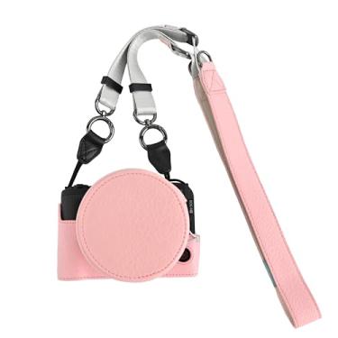 Imagem de Capa R50 V, capa de couro PU feita à mão BMAOLLONGB para meia câmera versão com abertura inferior para Canon Eos R50 V R50V com alça de pescoço para lente (rosa)