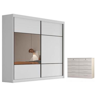 Imagem de Guarda Roupa Casal Belmonte com Espelho e Gaveteiro Milão com Chave Neve - Novo Horizonte