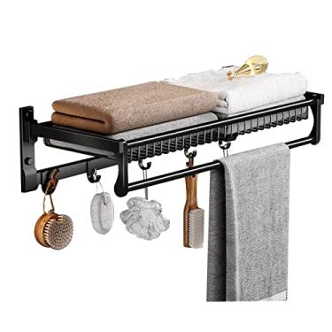 Imagem de Toalheiro de banheiro Toalheiro montado na parede com prateleira superior e barras de toalha dobráveis, ganchos de toalha ajustável suporte de toalha espaço alumínio multifuncional/50 cm