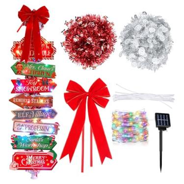 Imagem de Colingmill Decoração de poste de luz de Natal com 8 letreiros de madeira para quintal de Feliz Natal, 5 m, 50 LEDs, cordão de luz solar, 2 guirlandas de tinsel de Natal, laço de veludo vermelho para