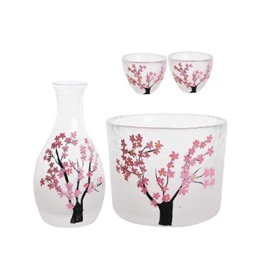 Imagem de JOEUQK Conjunto de saquê de vidro pintado a cores, 4 peças, design artesanal de flores de cerejeira rosa, 1 garrafa de saquê, 1 tanque de saquê e 2 copos de saquê, jarra de saquê fria/quente/quente
