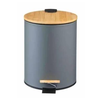 Imagem de Lixeira Em Inox E Tampa Bambu 12 Litros Com Pedal Cinza