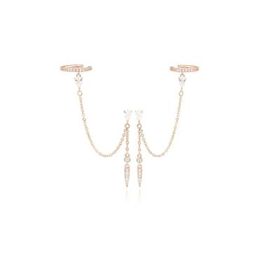 Imagem de MUMREUES Brincos de ouro para mulheres modernos banhados a ouro 14 quilates brincos de argola com clipe de pressão de zircônia simples minimalista brincos delicados corrente borla ilusão brincos