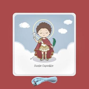 Imagem de Luminária Box Santo Expedito, Mini Abajur USB, Luz Decorativa Católica, Estilo Infantil, Base Branca, Iluminação LED