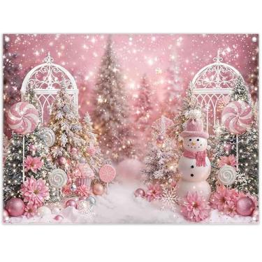 Imagem de YCUCUEI 2,4 x 1,8 m Tecido Natal Rosa Boneco de Neve Pano de Fundo Inverno Floco de Neve Pirulito Árvore de Natal Fotografia Fundo Menina Chá de Bebê Decorações de Festa Foto Banner Adereços