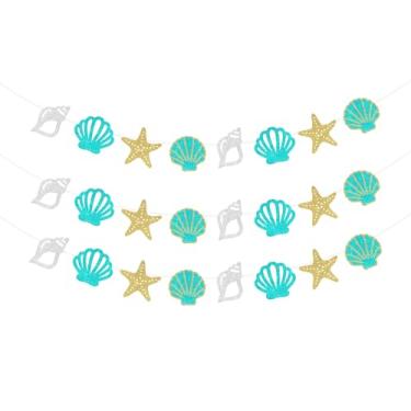Imagem de JOYMEMO 3 peças de faixas de festa de conchas de praia com glitter - Decorações de festa de aniversário de concha para meninos e meninas, suprimentos para chá de bebê com tema de oceano submarino