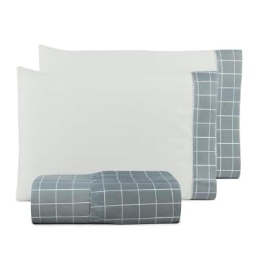 Imagem de Kit de Lençol Casal Padrão 3 Peças Percal 180 Fios 90% Algodão – Conforto, Força e Estilo Moderno (GRID CINZA)