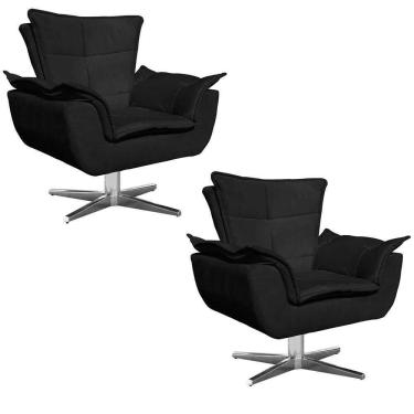 Imagem de Kit 2 Poltronas Decorativas Sala De Estar Base Giratória Cromada Opla Suede Preto - Ibiza