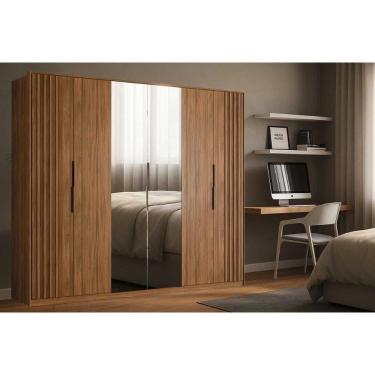 Imagem de Guarda Roupa Casal 6 Portas (2 Ripadas E 2 C- Espelho) E 6 Gavetas Atrice Nogueira Touch - Demóbile