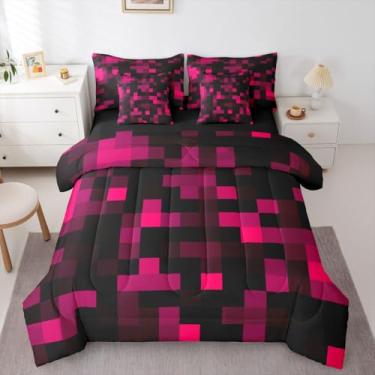 Imagem de jejeloiu Pixelated Conjunto de edredom solteiro rosa rosa preto com lençóis, fronhas e capa de almofada, conjunto de cama de 7 peças, supermacio, para decoração de quarto de crianças, meninas, meninos