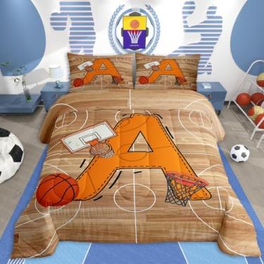 Imagem de jejeloiu Conjunto de edredom infantil de basquete, presente inspirador, para amantes de basquete, inicial, edredom para crianças, meninos, meninas, monograma, ultramacio, respirável