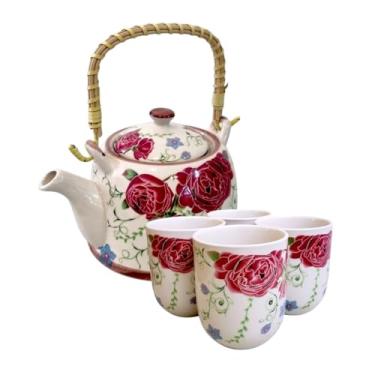 Imagem de Bule de Chá em Porcelana com Infusor e Alça de Madeira + 4 Copos 150ml – Jogo de Chá Floral Decorativo(Rosas)