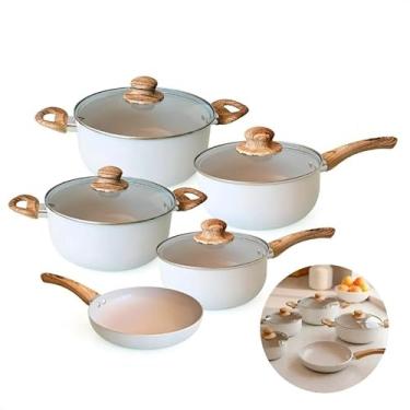 Imagem de Conjunto De Panelas Para Indução 5 Peças Bege | Panelas Antiaderentes Cerâmica Com Tampa De Vidro | Conjunto Completo E Resistente