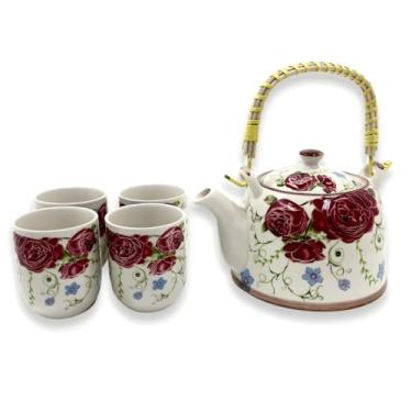 Imagem de Jogo de Chá com Bule de Porcelana 900ml com Infusor e 4 Copos 150ml | Kit Café Tokyo 30a(Branca com Peônias Vermelhas)