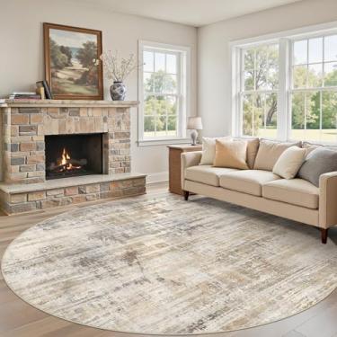 Imagem de Tapete redondo de 2,4 m para sala de estar: 20 x 20,3 cm, lavável, neutro, abstrato, moderno, macio, antiderrapante, piso interno, tapete resistente a manchas para quarto, sala de jantar, escritório