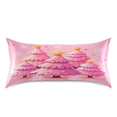 Imagem de Qilmy Fronha de cetim rosa com árvores de Natal para cabelo e pele, capa de almofada de seda refrescante macia e respirável com fecho de envelope, tamanho king size 50 x 101 cm