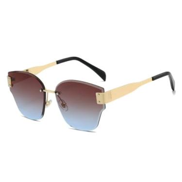 Imagem de HCHES Óculos de Sol Retangulares de Luxo Sem Armação com Lentes Degradê para Mulheres e Homens com Armação de Metal e Proteção UV400 (Dourado, Marrom e Azul)