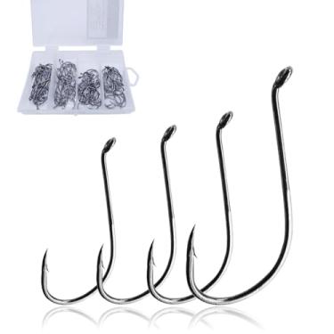 Imagem de MASTERPRO 1/0 2/0 3/0 4/0 Ganchos de polvo farpado de aço de alto carbono com furos, 100 peças de ganchos potentes em caixa portátil para robalo de água doce e pacote de peixe-gato