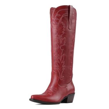 Imagem de femflame Botas femininas caubói pretas na altura do joelho com bico fino, salto grosso, zíper, bordado, cowgirl, bico largo, botas ocidentais de couro, Vermelho, 40
