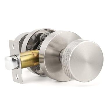 Imagem de Orger Puxadores de porta de passagem de níquel escovado interior, maçanetas de porta de armário de níquel sem mancha de liga de zinco, maçanetas modernas de base redonda prata serrilhada resistente