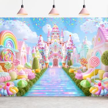 Imagem de Omifly Candyland 7Wx5H Pano de fundo para fotografia fantasia castelo rosa doce doce arbusto pirulito cristal estrada doces cidade fundo decorações festa bolo mesa banner decoração cabine foto estúdio