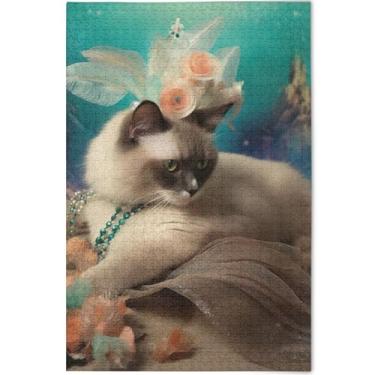 Imagem de Quebra-cabeça engraçado de gato siamês personalizado adulto 500 peças decoração de pintura animal natureza grande quebra-cabeça família elefante branco presentes, 52 cm x 37,8 cm