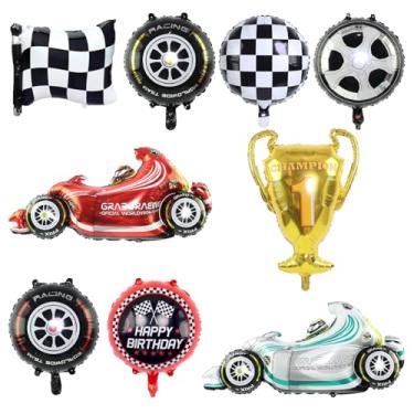 Imagem de Conjunto de balões de alumínio de corrida - 9 peças grandes decorações de festa de corrida (50-110 cm), duas decorações de aniversário rápidas com troféu, bandeiras, carros e balões de pneu para