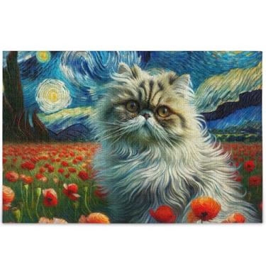 Imagem de Adorável gato noite estrelada floral personalizado adultos quebra-cabeça 1000 peças amigos família jogos presentes legais exclusivos paisagem arte animal, 75 cm x 50 cm