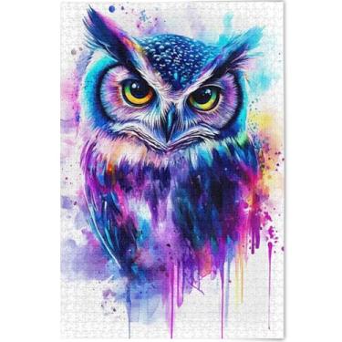 Imagem de Quebra-cabeças personalizados com estampa de coruja em aquarela 500 peças para adultos decoração de arte de animais divertidos amantes de quebra-cabeças presentes de elefantes brancos, 52 x 37,8 cm