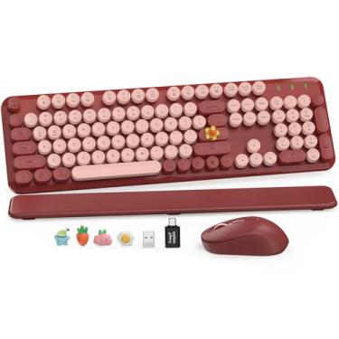 Imagem de Combo de teclado e mouse sem fio – teclado retrô com teclas redondas, estilo máquina de escrever, tamanho completo, com descanso de pulso removível, conexão de 2,4 GHz, para Mac/Windows/PC (Vinho)