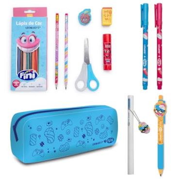 Imagem de Kit Material Escolar Fini Leo&Leo – 12 itens: Estojo de Silicone, Lápis de Cor 12 Cores, 2 Lápis Grafite, Tesoura, Cola, Borracha, Apontador, 2 Caneta Gel, Lapiseira e Marca-Texto (Azul)