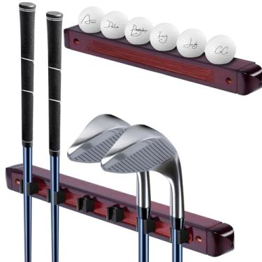 Imagem de Rack de exibição de taco de golfe montado na parede, pacote com 2 putter de golfe de madeira e suporte de cunha com 6 clipes seguros, prateleira de exibição de bola de golfe, armazenamento de parede