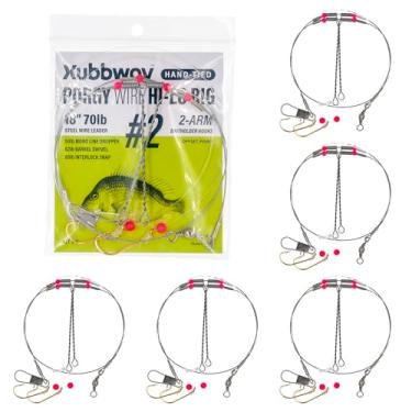 Imagem de Xubbwov Porgy Wire Hi-Lo Rig, 45.7 cm 31.8 kg Fio de aço resistente Leader, Double Drop Saltwater Bottom Rig, conta-gotas mono amarrado à mão com ganchos de isca dourados, pacote com 6, para Scup